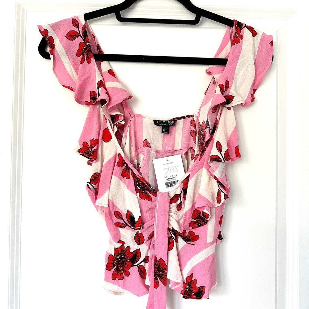 NWT Topshop Crop Top Blouse Pink, Red, and White Size 2 NWT